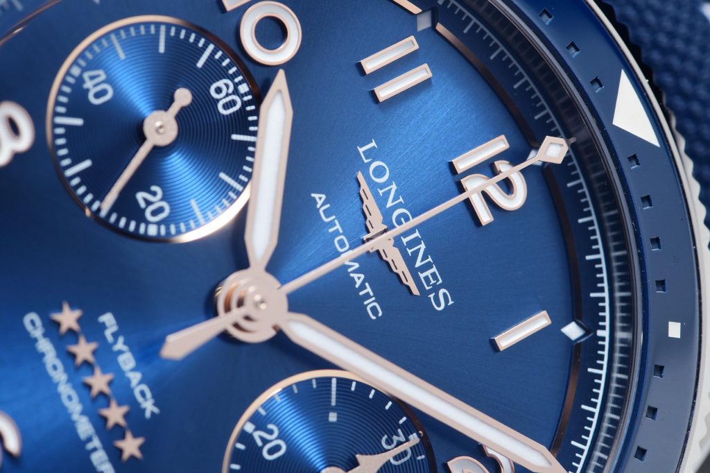 Luxury detailing for the watch with PVD Bronze on the hand sets and dial of the Spirit Flyback Chronograph.