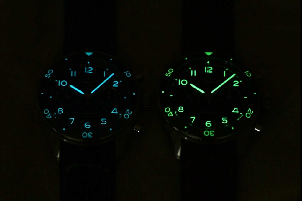 Rich coating of Super-Luminova on the dial and handsets of the Longines Spirit Flyback Chronograph for great legibility, essential for a pilot watch.